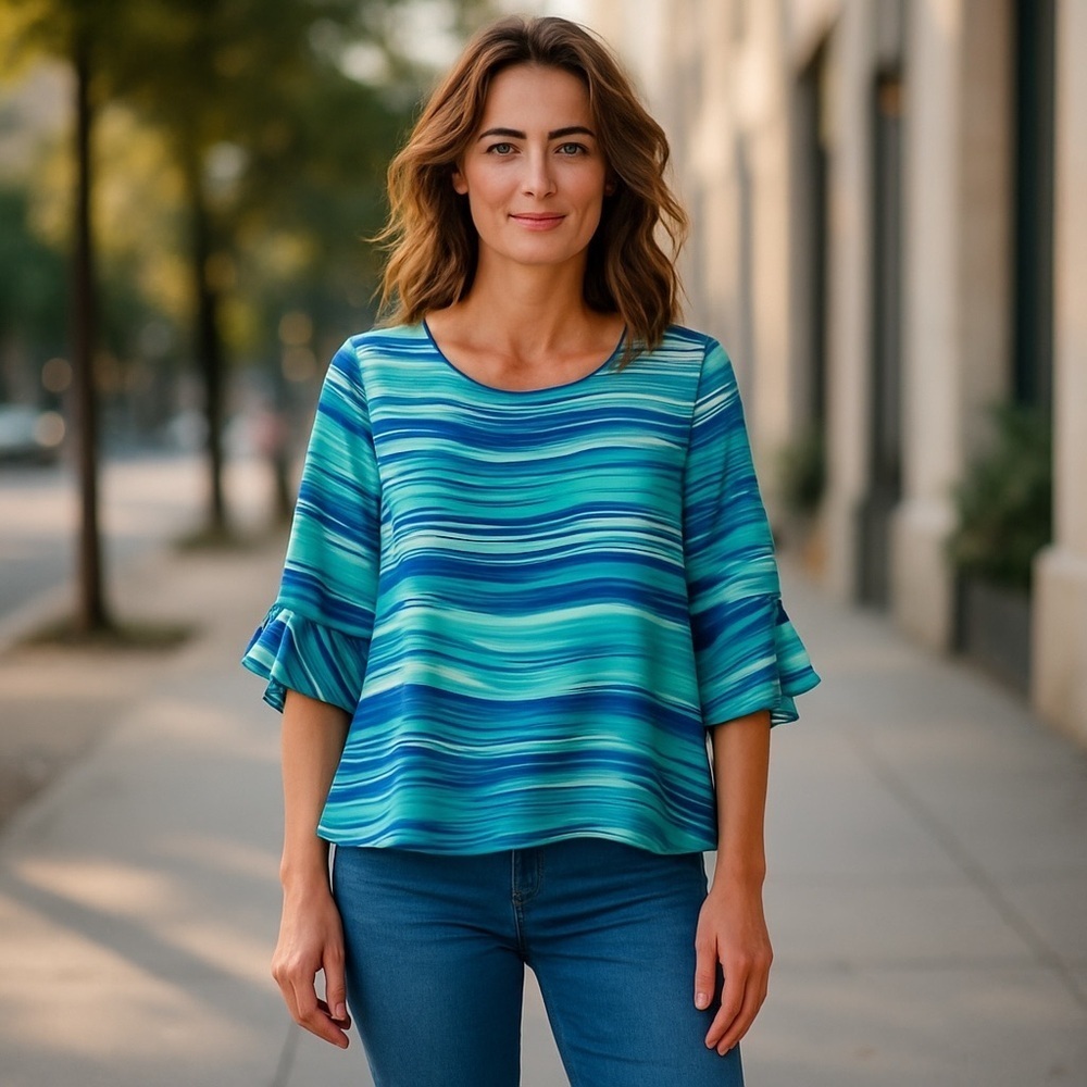 Valerie Stevens Women's Large Relaxed Blue Teal Green Ruffle Sleeve Soft Blouse